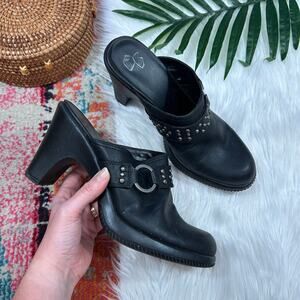Vintage Y2K 2000s Fashion Bug Black Faux O-Ring Leather Heeled Mule Clog 10